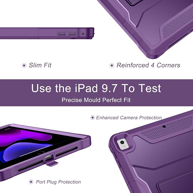 Soke Case for iPad 6th/5th Generation 9.7 Inch 2018/2017,with Built-in Screen Protector and Kickstand, Rugged Full-Body Heavy Duty Protective Cover for Apple iPad Air 2 /Pro 9.7 - Purple