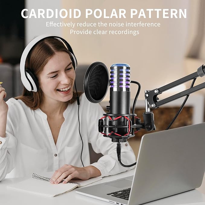 USB Condenser Microphone for PC PS4, PS5 Streaming Singing Podcast Studio, Computer Cardioid Gaming Mic Kit for Recording YouTube with Boom Arm Stand Pop Filter, Mute Button, Volume, Echo