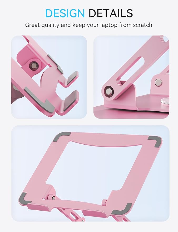 SOUNDANCE 360 Rotating Laptop Stand, Ergonomic Computer Riser for Desk, Adjustable Height Multi-Angle Metal Holder, Foldable Portable Notebook Elevating Base for Office & Home, Pink