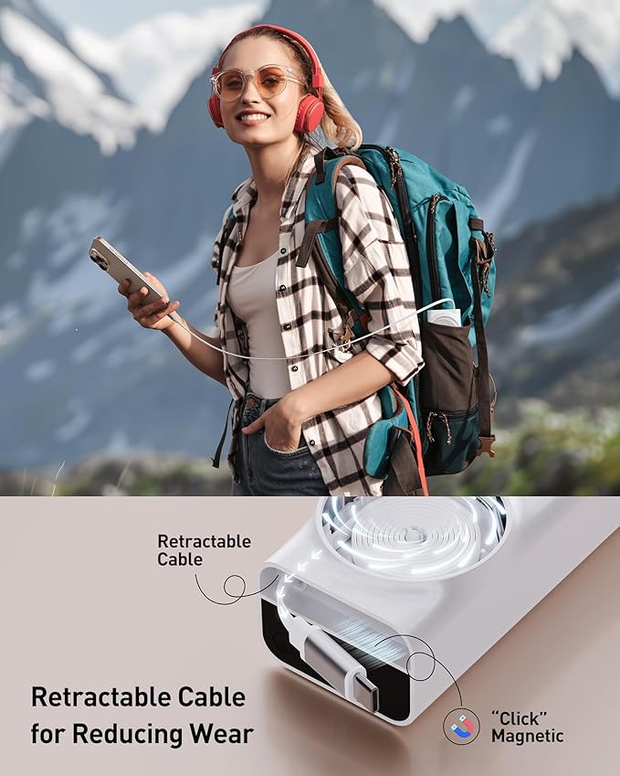 iWALK Laptop Power Bank, 20000mAh 65W Portable Charger with Built-In 2.3ft Retractable USB-C Cable & LED Display - Triple Outputs for MacBook Pro/Air, iPhone 17/16/15 Series, iPad Pro, Samsung S25/S24