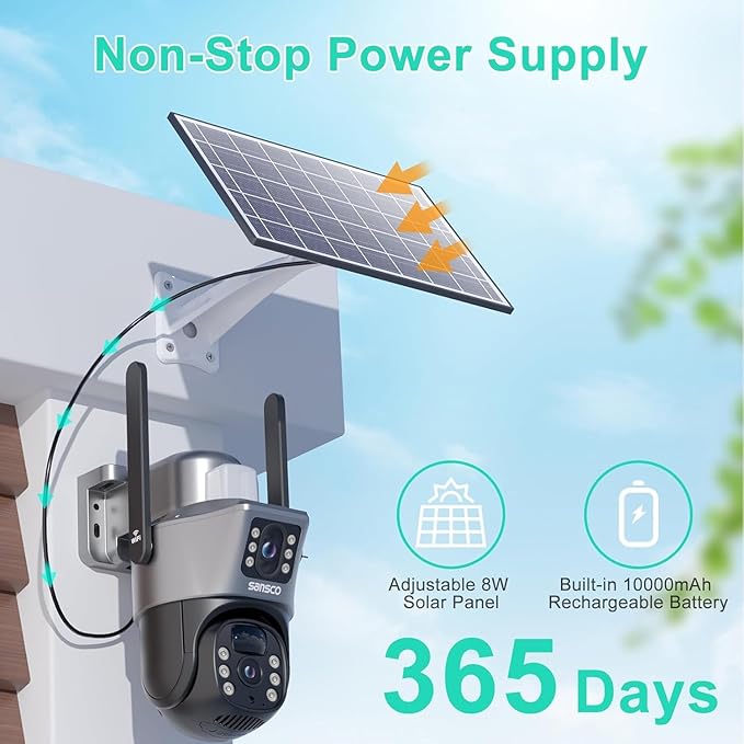 SANSCO 2K Dual Lens Solar Security Camera Wireless Outdoor, No Wires Needed, 2.4G & 5G WiFi, 360° PTZ Home Security Camera, Spotlight Color Night Vision, 2-Way Audio, PIR Motion Detection (2 Pack)