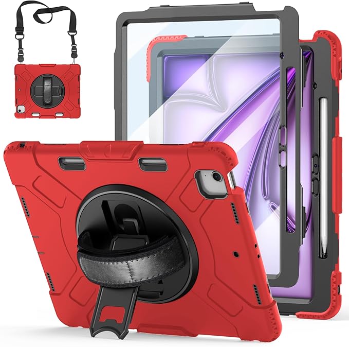 Case for iPad Air 13 Inch M4/M3/M2 (2026/2025/2024): Silicone Shockproof Case with Screen Protector - Stand - Handle - Shoulder Strap - Pen Holder- Red