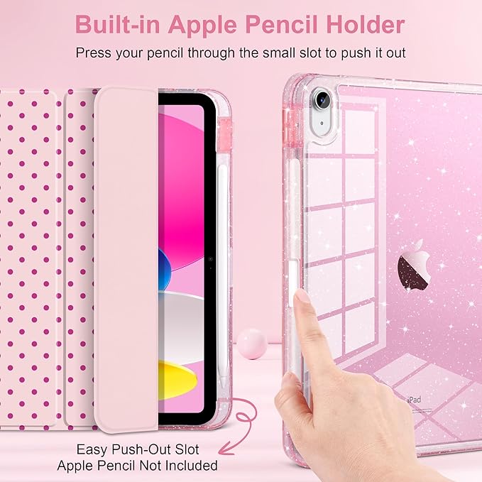 DONGKE for iPad Pro 11 inch Case – Fits M5 2025 / M4 2024, Shockproof Sparkling Glitter Acrylic Back, Pencil Holder, Trifold Stand, Auto Sleep/Wake & Touch ID Support - Pink Polka Dot