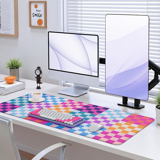 iCasso Desk Matt for Desktop, Cute Desk Pad Mat, XXL Large Mouse Pad, Anti-Slip Big Mousepad with Stitched Edges, Keyboard Pad Mouse Mat for Computer(Colour Checkered)