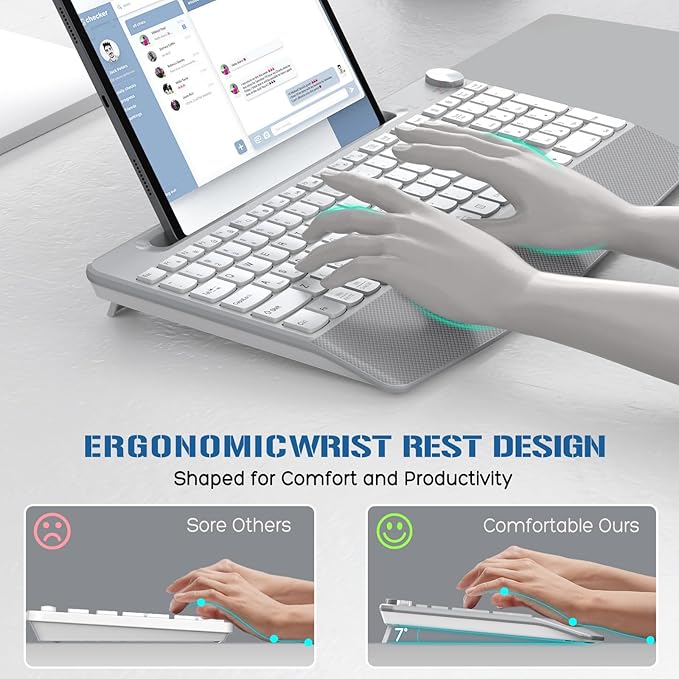 GAMCATZ Ergonomic Wireless Keyboard with Wrist Rest-Low-Profile,Phone/Tablet Holder,Quiet Design，Windows & Mac OS，Full Size Cordless USB Computer Keyboard for Desktop,Laptop, PC, Mac, Windows-White