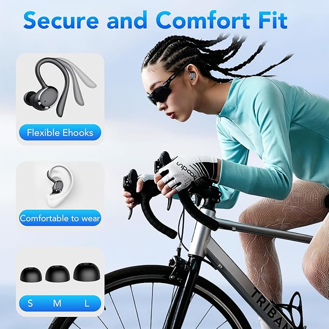 KT1 Bluetooth Headphones Wireless Earbuds 72hrs Playtime Wireless Charging Case Digital Display, Ear Buds with Earhook,IPX7 Waterproof, Deep Bass 2.0,Over-Ear Earphones for Sport Running, Black
