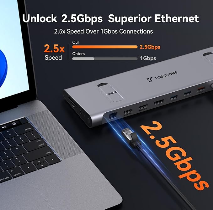 TobenONE 16-in-1 USB-C Docking Station 3 Monitors & Dual Monitor,2 HDMI+DP+6 USB Ports for Office & Home Use,Capable of 100W Power Supply & 2.5Gbps Ethernet, Used with Dell/HP/Lenovo