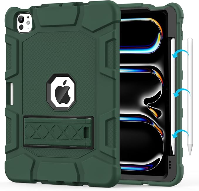 Case for iPad Pro 11 Inch Case (M5 2025/ M4 2024) with Pencil Holder, Built-in Stand, Military Grade Shockproof Protective Cover for iPad Pro 11" (Dark Green)