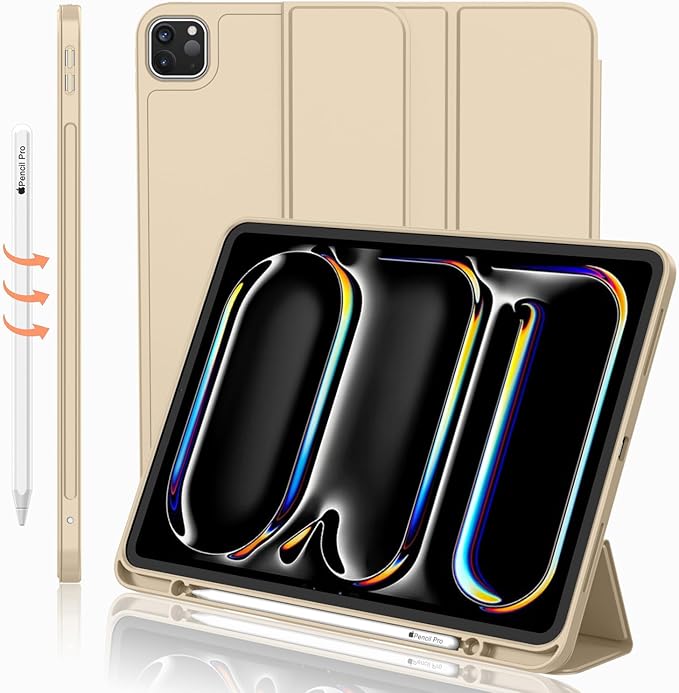 iMieet iPad Pro 13 Inch Case (M5/M4) 2025/2024 with Pencil Holder, Trifold Stand Smart Case with Soft TPU Back, Auto Wake/Sleep (Champagne Gold)