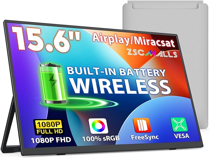 ZSCMALLS Battery Wireless Portable Monitor, 8000mAh 15.6" 1080P IPS USB-C/HDMI Second Screen, Built-in Speakers, Support AirPlay/Miracast for Laptop/Phone/Tablet/Switch/Xbox, Carry Bag Included