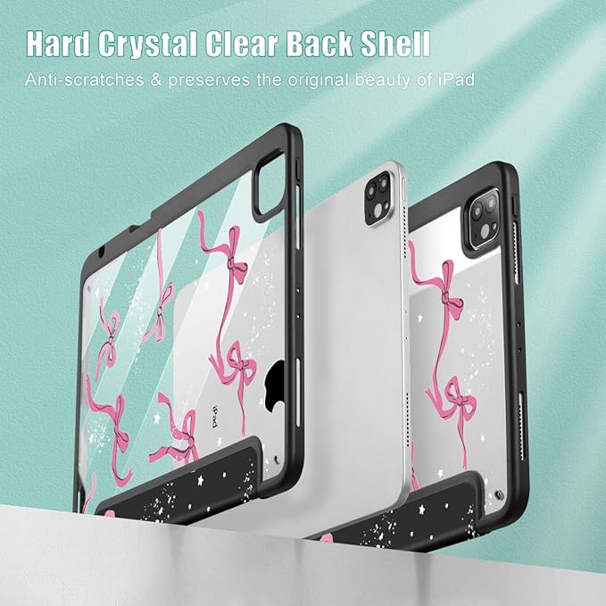 Tuiklol for iPad Pro 11 Inch 4th / 3rd / 2nd / 1st Gen (2022 2021 2020 2018) Case -Built-in Pencil Holder Shockproof Cover Clear Transparent Back Shell with Auto Wake/Sleep, Bow-Black