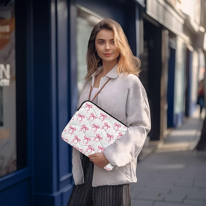 Laptop Case Sleeve, Pink Ribbon Bow Dots Pattern Shockproof Protective Computer Carrying Cover, Briefcase Handbags 13-13.3inch Laptop Sleeve Bag