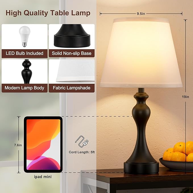 Seealle Touch Lamps for Nightstand - Bedside Lamps Set of 2, 3 Way Dimmable, USB C+A for Bedroom & End Tables (White&Black)