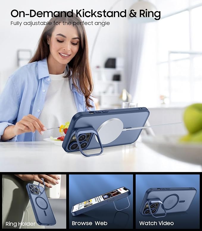 TOBOVON for iPhone 14 Pro Case, Compatible with MagSafe, Built-in Camera Ring Stand, with Individual Camera Cover, Translucent Matte Military-Grade Drop Protection Magnetic Case, Blue