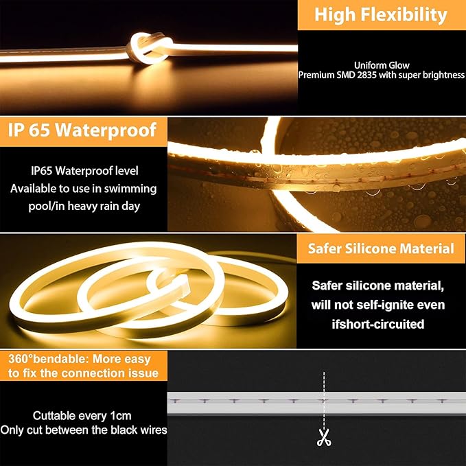 16.4FT Warm Neon Light Strip Waterproof, 5V USB Led Strip Lights with Touch Controller, Cuttable Flexible Silicone Neon Neon Rope Lights for Bedroom, Party, Home Decor