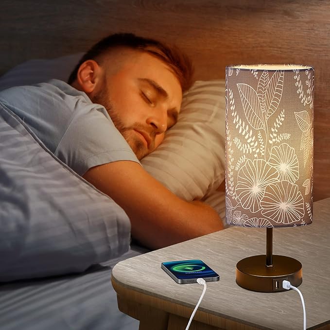 CINSARY Touch Control Bedside Lamp with 2 USB Ports, 3-Way Dimmable Table lamp for Bedroom, Nightstand Lamp with Round Grey Fabric Shade for Living Room Home Office (E26 LED Bulb Included)
