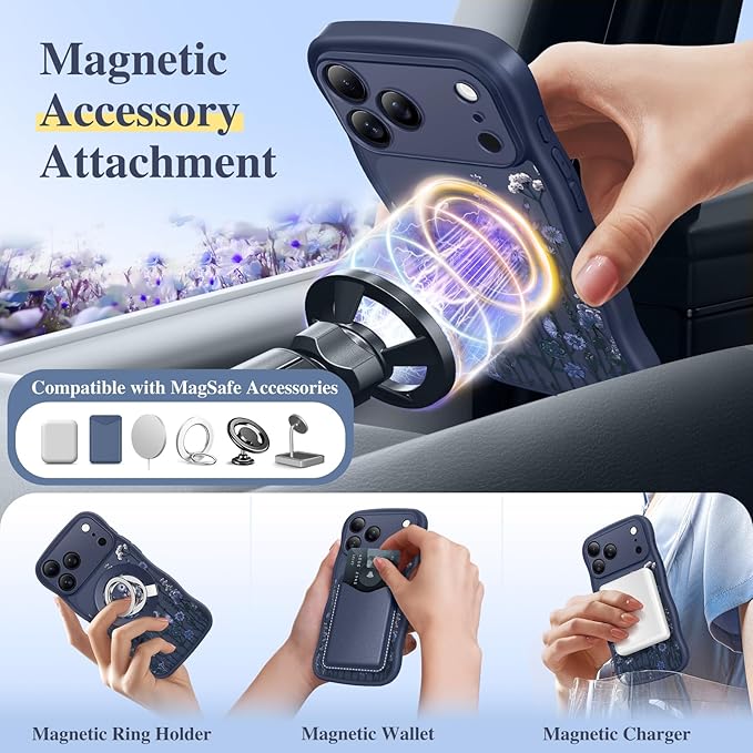 GVIEWIN for iPhone 17 Pro Case Compatible with MagSafe [Curly Wave Edge][Full Camera Protection] Floral Translucent Shockproof Magnetic Women Phone Case for iPhone 17 Pro 6.3'', Floratopia/Blue