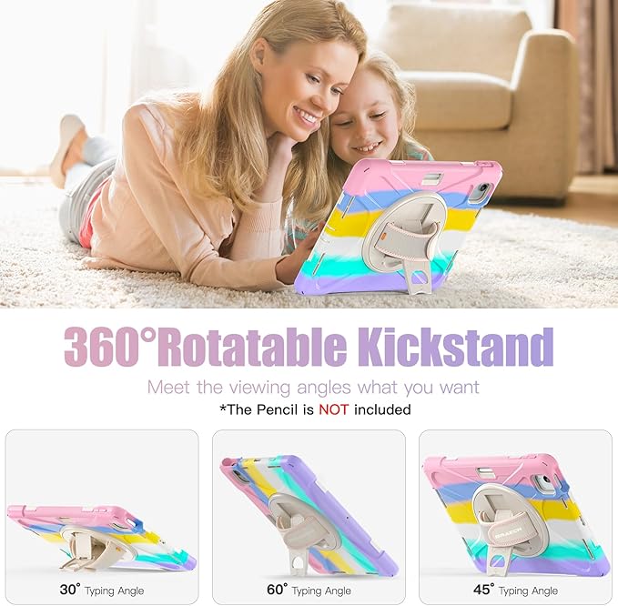 BRAECNstock Kids Case for Apple iPad Air 11 inch (M4/M3/M2)/ Air 5th/4th Gen 10.9"/ Pro 11 inch 4th/3rd/2nd/1st Gen, Shockproof Protective with Pencil Holder, Rotating Hand Strap+Stand, Colorful Pink