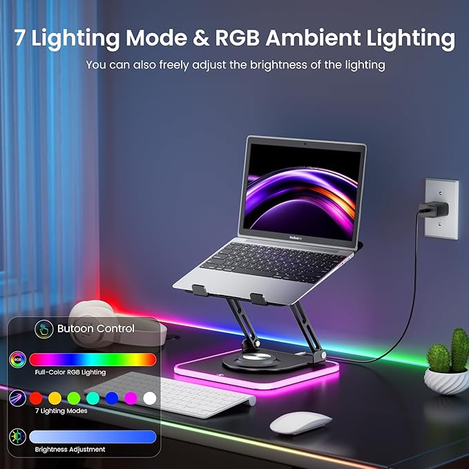 JOYEKY RGB Laptop Stand for Desk, Adjustable Ergonomic Laptop Riser with 360° Rotating Base, Foldable & Portable Computer Stand, Suitable for All 10-16” Laptops