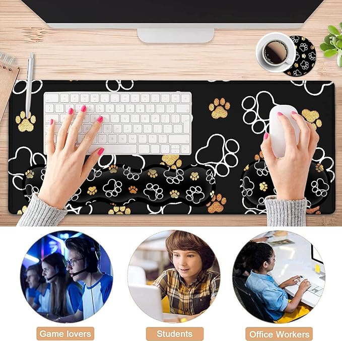 Gaming Mouse Pad XXL Large Desk Mat Non-Slip Rubber Mice Pads Stitched Edges(31.5x11.8 in) Ergonomic Premium Memory Foam Keyboard Wrist Rest and Cute Dog Paw Prints Extended Black Mouse Pad Set