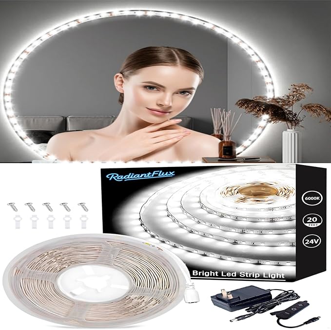 20ft/6M Led Vanity Mirror Lights Kit Vanity Make-up Mirror Full Length Mirror Cloakroom Adjustable Flexible Strip Light Table Set with Dimmer & Power Supply Mirror Decor Mirror Not Included