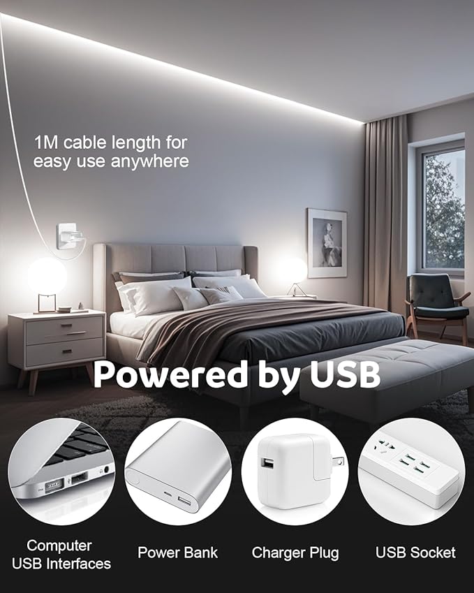 Aclorol 5V COB LED Strip Lights 6000K Cold White USB LED Strip Lights 10ft for Bedroom 8MM Width Flexible Rope Light for Kitchen Cupboard Wardrobe Staircase Counter Lighting Project 320LEDs/M CRI85+