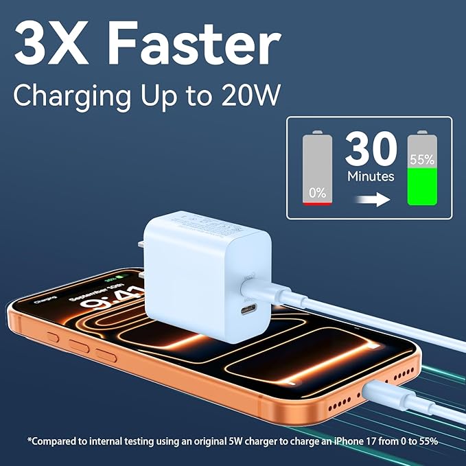 Fast Charger for Phone 17 16 15 Pro Max Charger, 20W Dual Port USB C Fast Charger Block with 10FT Long USB C to C Charging Cable Cord for Phone 17 16 15 Pro Max/17 16 15 Pro/15/15 Plus,Pad Pro