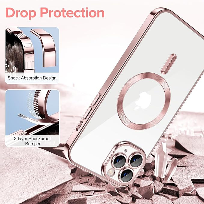 Hython Magnetic Clear for iPhone 11 Pro Max Case with Camera Lens Protector [Compatible with MagSafe] Plating Edge Slim Soft TPU Cover Protective Phone Case for iPhone 11 Pro Max 6.5", Pink