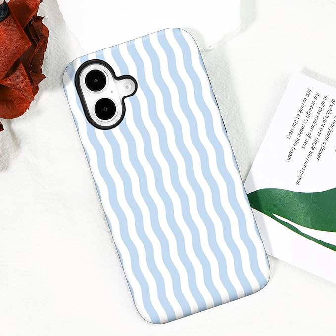Magnetic for iPhone 16 Case Cute Wavy Stripes Phone Case, Shockproof Slim TPU and Hard PC Protective Phone Cover Compatible with MagSafe Designed for Women Girls, Blue