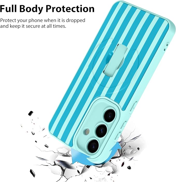KANGHAR Compatible with Samsung Galaxy S25 Case, Support for MagSafe, Silicone Stripes Cute Pattern, Wristband Kickstand Camera Protection Soft Slim Cover for Girls Women -Blue