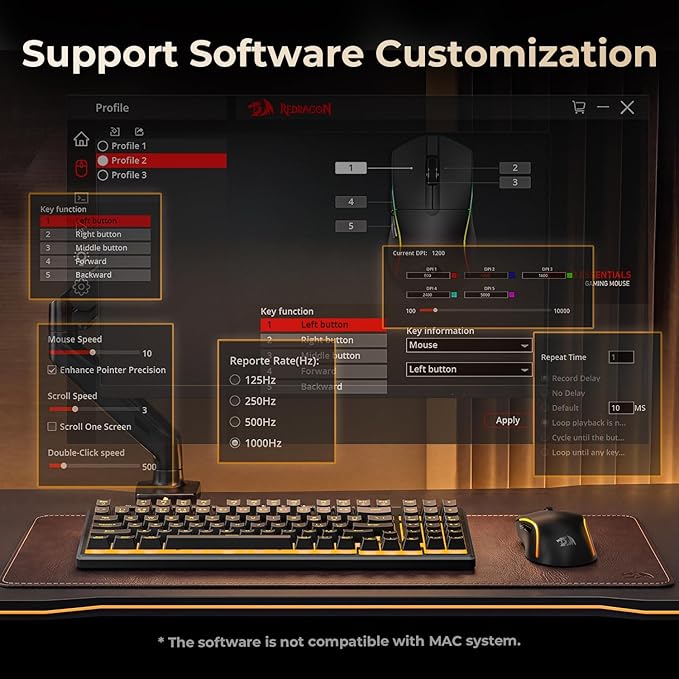 Redragon S156 Wireless Keyboard and Mouse with Tri-Mode, Mechanical Feel Keyboard and 4800 DPI 61G Ultra-Light Gaming Mouse, RGB Backlit, 4 Macro Keys, Long Battery Life for PC, Mac, Ideal for Gamer