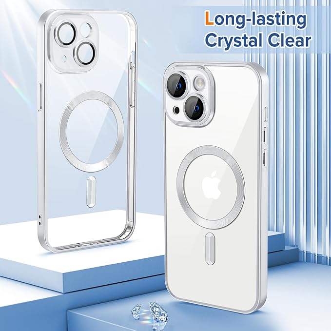 Hython Magnetic Clear for iPhone 14 Case with Camera Lens Protector [Compatible with MagSafe] Luxury Plating Edge Slim Soft TPU Cover Protective Phone Case for iPhone 14 6.1", Matte Silver