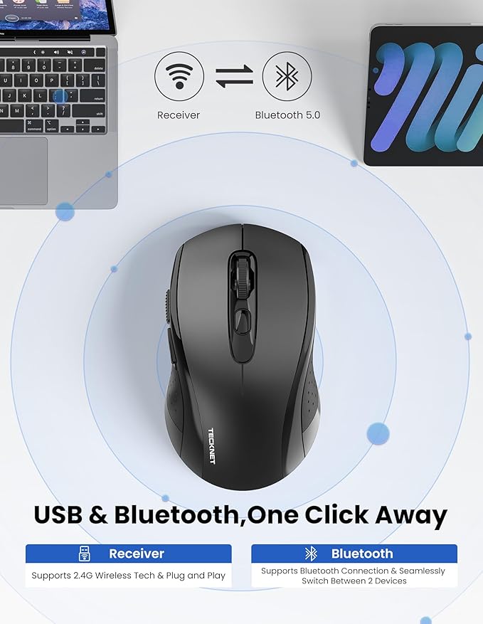 TECKNET Wireless Mouse for Laptop, 2.4G Ergonomic Optical Mouse Silent Bluetooth Mouse(BT5.0) 4000DPI Adjust, Computer Portable PC Quiet Mice with USB-A Receiver & 6 Buttons for Mac, 18 Months Battery