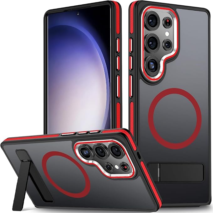 MALEWOLF Kickstand Case for Samsung Galaxy S25 Ultra Magnetic, Fits for Magsafe, Rugged Shockproof Phone Case with Anti-Slip Grip, Slim Matte Protective Cover for Galaxy S25 Ultra (Black/Red)