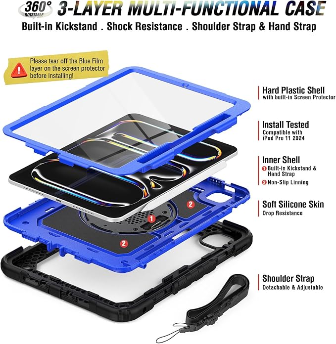 Case for iPad Pro 11 Inch 5th Generation 2024 with Screen Protector | Full-Body Silicone Protective Case W/360 Rotating Stand Hand Strap Shoulder Strap for iPad Model A2836/A2837/A3006 | Blue