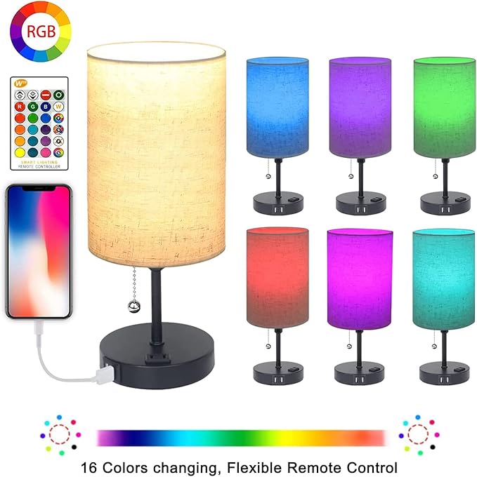 Lamps for Bedrooms Nightstand Bedside Lamp with 2 USB Port and Outlet, 3-Way Dimmable Table Lamps, Color Changing Night Stand Light Lamp RGB LED Bulb