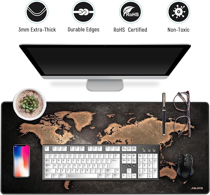 JIALONG Large Gaming Mouse Pad, XXL Desk Mousepad with Stitched Edges, Non-Slip Base Keyboard Pad for Gamer, Office & Home Retro Map