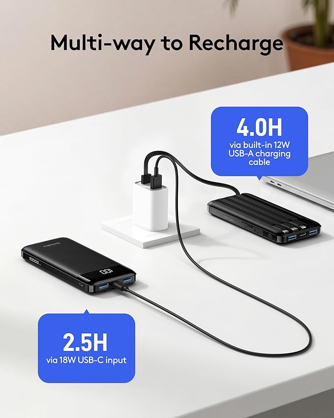 Orfeika Portable Phone Charger, 10000mAh Portable Charger Power Bank with Built-in Cables, Travel Essential Battery Pack Compatible with iPhone, Samsung, Google, iPads, Tablets, etc