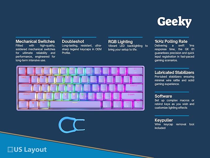 Geeky GK61 SE 60% | Mechanical Gaming Keyboard | 61 Keys Multi Color RGB LED Backlit for PC/Mac Gamer | ANSI US American Layout (Lavender, Mechanical Black)