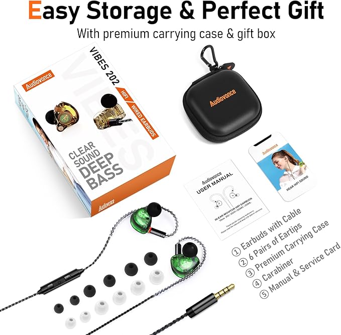Vibes 202M Wired Earbuds - HiFi in Ear Monitor Headphones - Noise Isolating Ear Buds w/ Mic - Clear Sound, Deep Bass & Comfort-Fit Gaming Earphones - MMCX to 3.5mm & Silver Plated Cord, Carrying Case