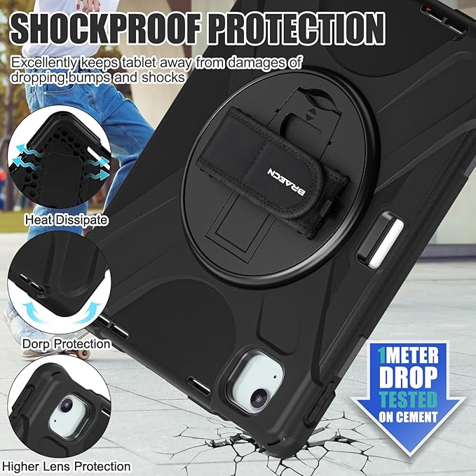 BRAECNstock Case for Apple iPad Air 11 inch (M4/M3/M2)/ Air 5th/4th Gen 10.9"/ Pro 11 inch 4th/3rd/2nd/1st Gen, Shockproof Protective Kids Case with Pencil Holder, Rotating Hand Strap & Stand, Black