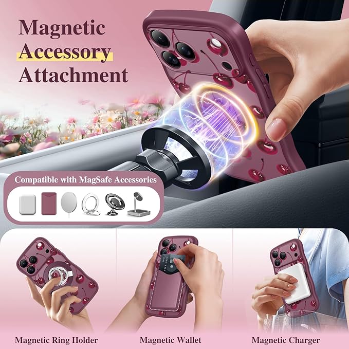 GVIEWIN for iPhone 17 Pro Max Case Compatible with MagSafe [Curly Wave Edge][Full Camera Protection] Floral Translucent Shockproof Magnetic Women Phone Case for 17 Pro Max, Ripe Cherry/Burgundy