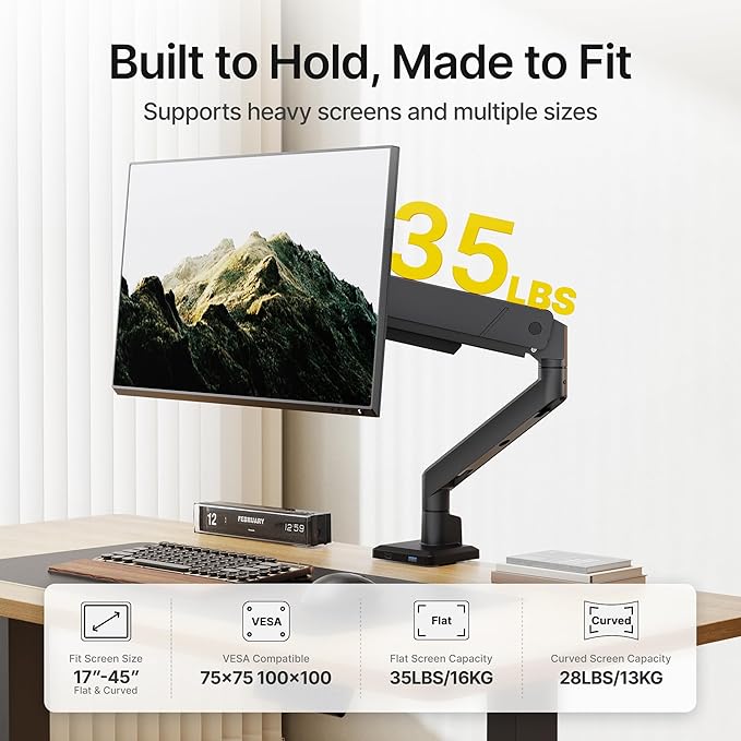 monTEK Single Monitor Arm with USB for Max 45 Inch Ultrawide Screens Adjustable Monitor Desk Mount Holds 35 Lbs Cable Management with C Clamp/Grommet Desk Mount, VESA 75/100mm
