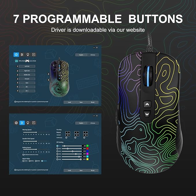Womier G706 USB Wired Gaming Mouse for PC Computer Windows Mac Laptop, Lightweight Silent RGB Backlit Mouse with Adjustable 12000DPI/7 Programmable Side Buttons,Topographic Theme (Black Topographic)