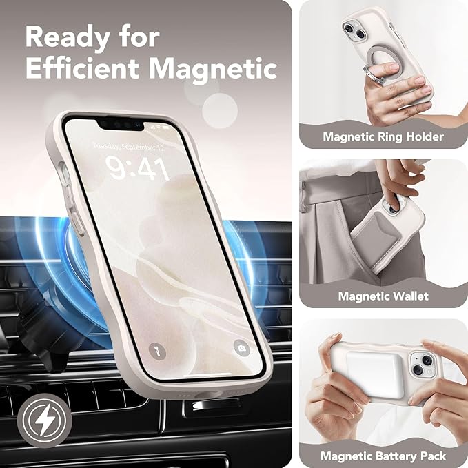 CAPRARO Cute for iPhone 13 Case & iPhone 14 Case, Compatible with MagSafe, [Curly Wave Edge] [Camera Protection] [14 FT Drop Protection] Magnetic for iPhone 13/14 6.1 Inch, Stone
