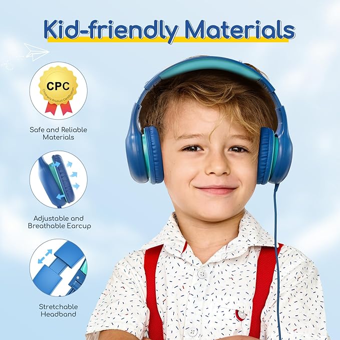 EarFun Kids Headphones Wired with Microphone, USB Type C Headphones for Kids, 85/94dB Volume Limit, Portable Wired Headphone with Shareport, Stereo Sound Foldable Headset for School/Tablet/PC, Blue