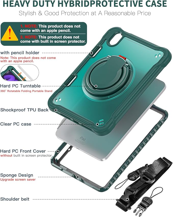 BRAECN for iPad (a17 pro) Mini 7/Mini 6 Case 2024/2021 8.3 inch with Pencil Holder Protective Clear Ring Handle 360 Rotating Stand Shockproof Dropproof Rugged Carrying Shoulder Strap Kids Friendly