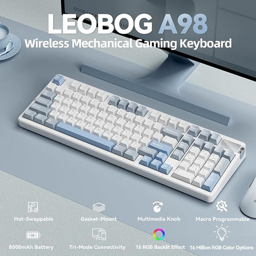 CORBOBO LEOBOG A98-96% Mechanical Keyboard Wireless, Tri-Mode BT5.0/2.4GHz/USB-C, Creamy Keyboard with Number Pad, Gasket Structure Hot Swappable, Custom Gaming Keyboard RGB Backlit with Knob for PC