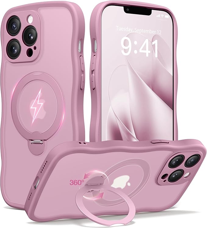 CAPRARO for iPhone 13 Pro Case with 360° Spin Magnetic Stand for Women, [Compatible with MagSafe] [Full Camera Protection] Cute Wave Translucent Matte Case for iPhone 13 Pro, Black Currant