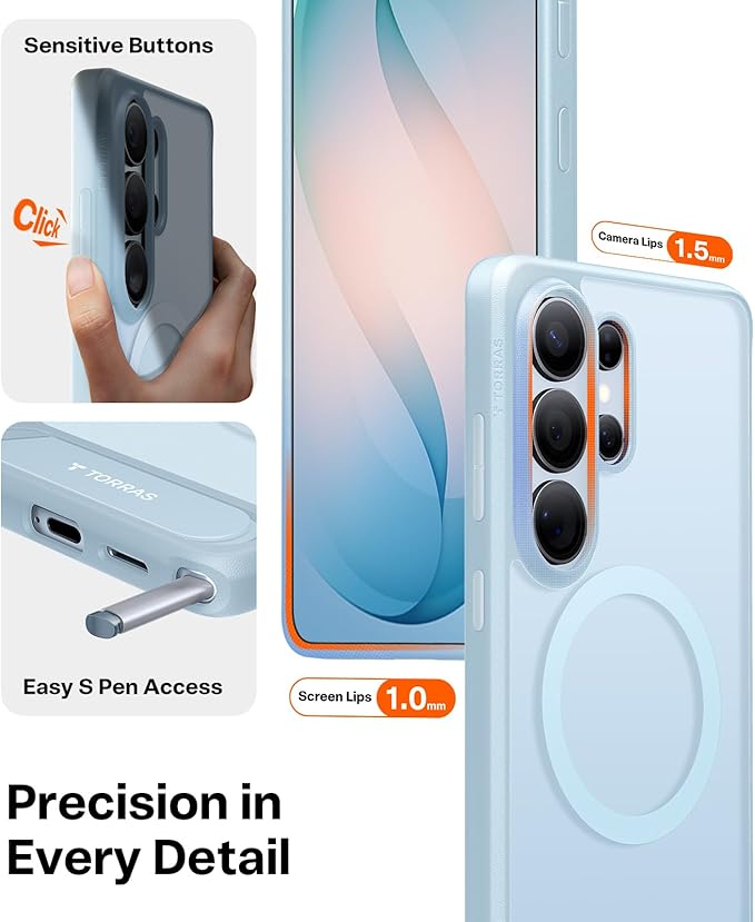 TORRAS Strong Magnetic & Seamless Stand for Samsung Galaxy S26 Ultra Case, Fit for MagSafe, Mil-Grade Drop Protection, Kickstand for Samsung Galaxy S26 Ultra Case, Translucent Back/Sky Blue Edge